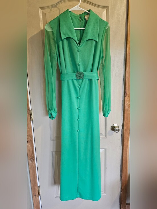 Fortrel Dresses & Skirts - Vintage 1970's Fortrel Celanese Long Chiffon Sleeve Belted Green Maxi Dress Sm 6